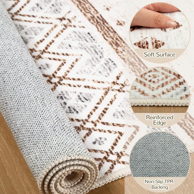 8x10 Area Rugs for Living Room Washable Moroccan Farmhouse Neutral Geometric Low Pile Non-Slip Soft Print Pattern Rug for Bedroom Kitchen Dining Room Entryway Cream/Brown/Pink | Vacuum Friendly, Machine Washable, Non-Slip Rug, Stain Resistant, Moroccan...