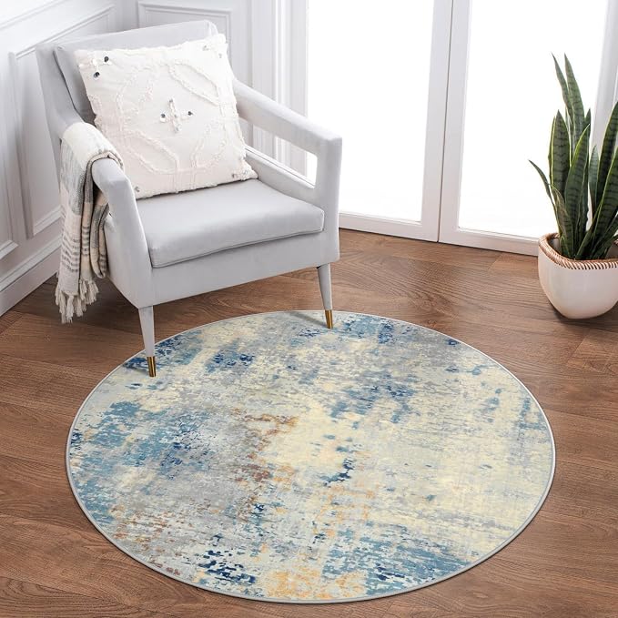 Lahome Modern Abstract Round Rug 3Ft, Blue Washable 3x3 Circle Rugs for Kitchen Entryway Soft Small Bedroom Mat Non Slip, Contemporary Indoor Floor Throw Carpet for Nursery Home Office
