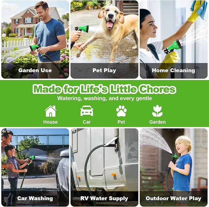 Garden Hose 50ft, Non-Expanding Flexible Hose with 10 Function Nozzle, Lightweight, Kink Free, Sturdy, Leak-Proof, Portable, Water Hose 50ft for Outdoor, Yard, Lawn, Car Wash and Camper Use