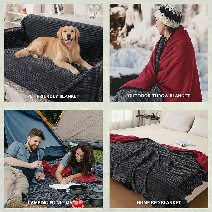 PuTian Waterproof Outdoor Blanket 79"X57" Packable, Stadium & Car Camping Blanket with Corduroy Fleece Lining, Windproof Throw for Picnic Hiking Road Trip, Machine Washable, Black 350GSM