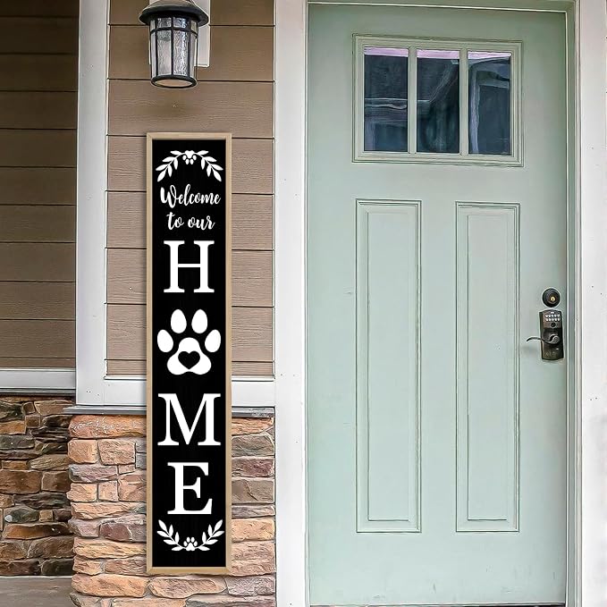 Standing Front Porch for Welcome To Our Home Sign 45"X9" Tall Vertical Leaner Paw Print Outdoor Front Door Wood Framed Decor (Wood Black)