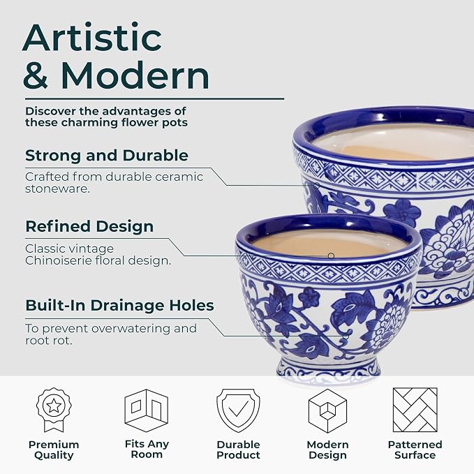 Set of 2 Bowl Chinoiserie Decorative Planter Pot with Drainage – Ceramic Outdoor & Indoor Plant Pot – Modern Garden & Home Decor Planters – 5" & 7", Blue & White