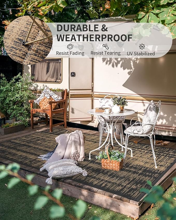 MontVoo Outdoor Rug Waterproof 5x8 ft Outdoor Carpet Patio Rug Mat Reversible RV Camping Rug Plastic Straw Outside Rug for Balcony Porch Deck Picnic Beach Modern Black Brown