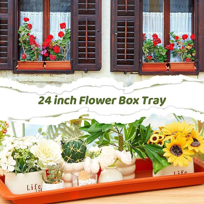 Cinnvoice 4 Pack Terracotta 24 x 8 x 1.6 Inch Rectangle Plant Saucer Large Plastic Plant Tray Water Drip Trays for Windowsill Flower Pot Planter Drainage Germination Garden Indoor Outdoor Use