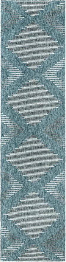 Unique Loom Outdoor Modern Collection Area Rug - Tambor (3' 3" x 14' 1" Runner, Light Aqua/ Ivory)