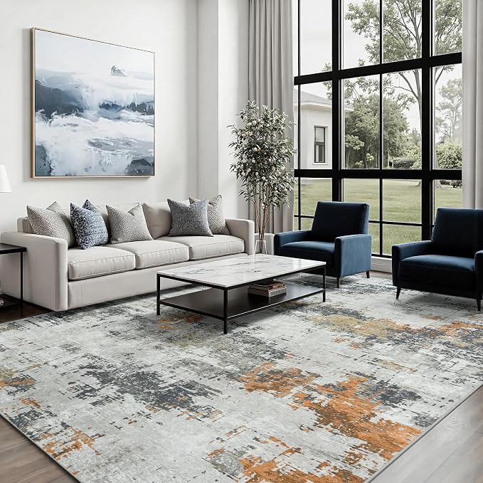 6x9 Area Rugs for Living Room: Washable Soft Grey Abstract Bedroom Carpet | Non-Slip TPE & Stain Resistant,0.25" Low-Pile,Kids Pet Friendly Modern Decor for Dining Room Farmhouse Office, Non-Shedding