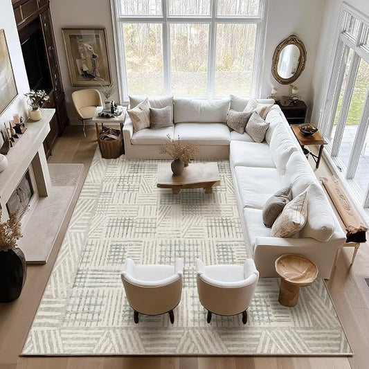 Area Rug 9x12 Abstract Geometric Textured Brushstroke - Neutral Gray & Light Blue Modern Minimalist Area Rug, Decorative Carpet for Living Room Bedroom Home Decor