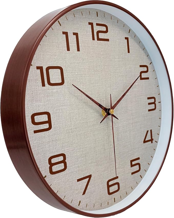 Woodgrain Wall Clock, Silent Non-Ticking Battery Operated Clock 10 Inch, Large Easy-to-Read Number Linen Texture Face Modern Analog Clocks for Living Room Bedroom Kitchen Office Gym, Brown