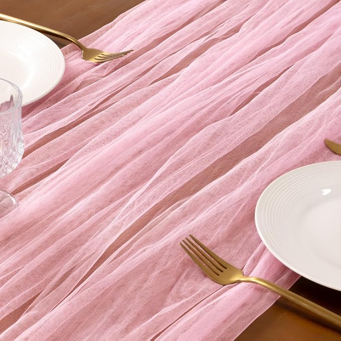 Socomi Pink Cheesecloth Table Runner Tulle Gauze Cheese clothBoho Rustic 120 inch 10FT Runner for Wedding Party Baby Shower Birthday Holiday Decorations 3pcs