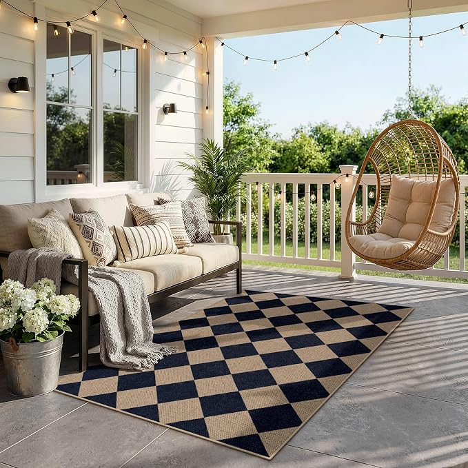 Lahome Colette Checkered Easy Jute Entry Rug, 3x5 Black Outdoor Patio Rug for Living Room Farmhouse Neutral Carpet, Washable Non Slip Indoor Door Mat Diamond Carpet for Front Door Deck Camping