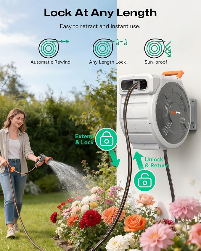 Retractable Garden Hose Reel 85 ft x 1/2 inch, Heavy Duty Automatic Garden Hose Reels, High-Flow, Any Length Lock, 180° Swivel Bracket, Brass Fitting, Wall Mount Water Hose Reel for Outside