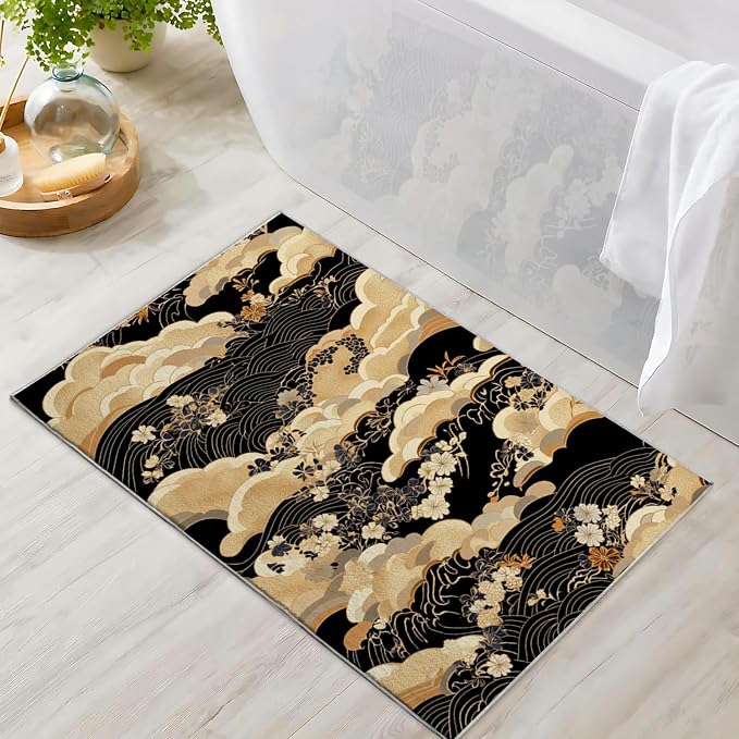 2x3 Black Area Rugs Boho Japanese Rug for Bathroom Kitchen Entryway Indoor Soft Non-Slip Thin Carpet Modern Abstract Rugs for Office Dining Room Under Table Washable Machine