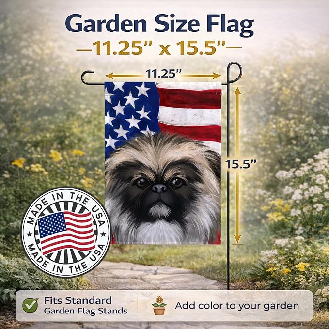 Caroline's Treasures CK6488GF Chinese Imperial Dog American Flag Garden Flag Mailbox Flag Decorative Yard Flag Banner Outside Patio Artwork Yard Flower Beds, Garden Size, Multicolor