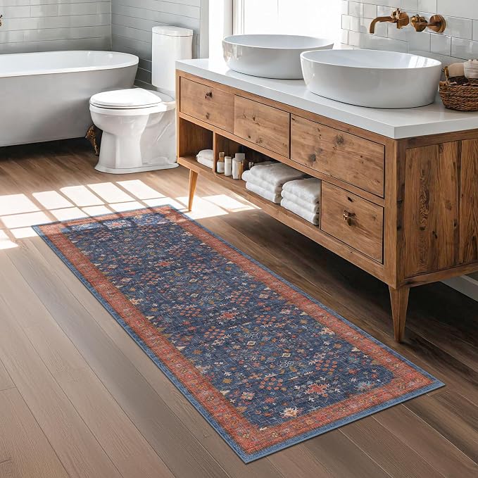 Navy Blue Runner Rug 2x5 for Hallway, Kitchen, Bathroom, Mudroom, Laundry Room, Washable Non Slip Non Skid Rubber Backing Low Pile Stain Resistance