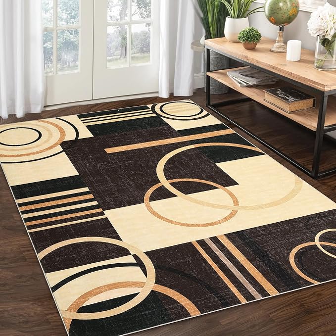 RUGSREAL 9x12 Washable Rugs Abstract Circles Rug Low Pile Throw Carpet | Contemporary Modern Area Rugs Stain Resistant Accent Rug for Bedroom Living Room