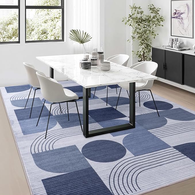 Soft Modern Geometric Abstract Large Machine Washable 4x6 Area Rug | Blue Rugs for Bedroom Living Room, Non-Shedding Faux Wool Indoor Throw Floor Carpet for Office Entryway Dining Room Decor