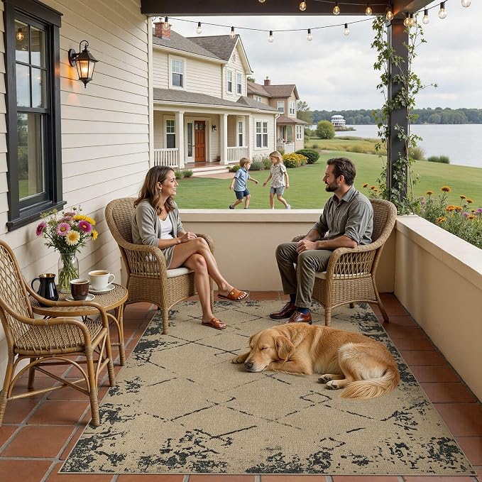 UERMEI 4x6 Outdoor Jute Area Rug Patio Neutral Washable Modern Brown | Easy Non Slip Pet Friendly Indoor Farmhouse Carpet for Living Room Bedroom Dining Backyard