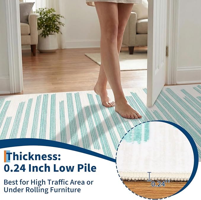 GarveeHome 2x6 Green Runner Rug for Hallway Striped Non Slip Kitchen Rug | Non-Slip Washable Low Pile Carpet for Bedroom Entryway Stain Resistant Foldable Soft Enreyway Rugs
