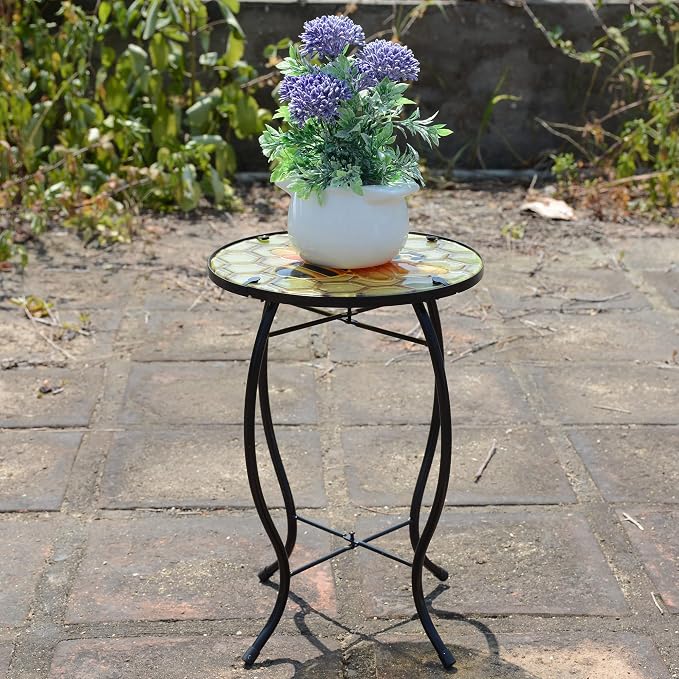 Bee Patio Side Table, Small Patio Outdoor Side Table, Plant Table,Metal Glass End Table for Porch Garden Yard Pool.