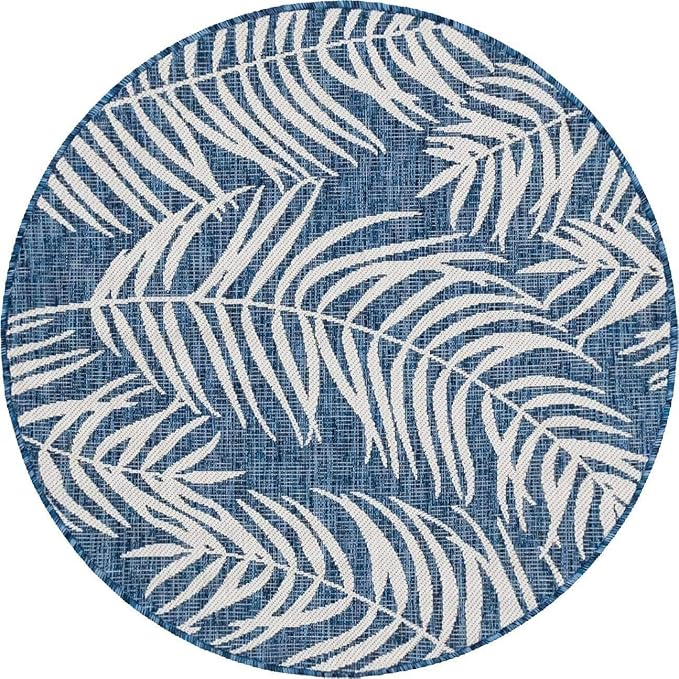 Unique Loom Outdoor Botanical Collection Area Rug - Palm (4' 1" Round, Blue/ Navy Blue)
