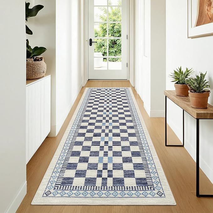 GarveeHome 2x8 Runner Rug for Kitchen Bathroom Modern Blue Checkered Rug | Machine Washable Contemporary Abstract Runners for Hallway Non-Slip Low Pile Easy-Clean Soft Area Rug for Bedroom Porch