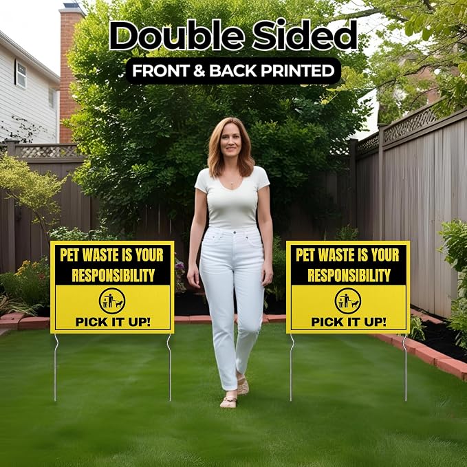 Pet Waste is Your Responsibility – Pick It Up! Yard Sign by DC | 24"x18" Double Sided Pets Garden Sign with 13” Metal Stakes | Outdoor Signs Waterproof for Lawn, Patio, Sidewalk & House | Set of 4