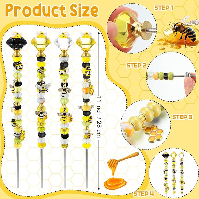 Lineshading 118 Pcs Bee Garden Stakes Fairy Wand DIY Beaded Stakes Garden Decor Includes 4 Crystal Stopper Top 10 Bee Pendant 68 Large Hole Beads 4 Threaded Rods 4 Pcs Nuts, for Craft Supply
