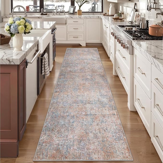 Tangsoo Abstract 2.6x8 Washable Runner Rug for Hallways,Non Slip Runner Rug | Modern Soft Low Pile Long Runner Rug, Contemporary Carpet Runners for Kitchen Bedroom Entryway Living Room Pink Multi Decor