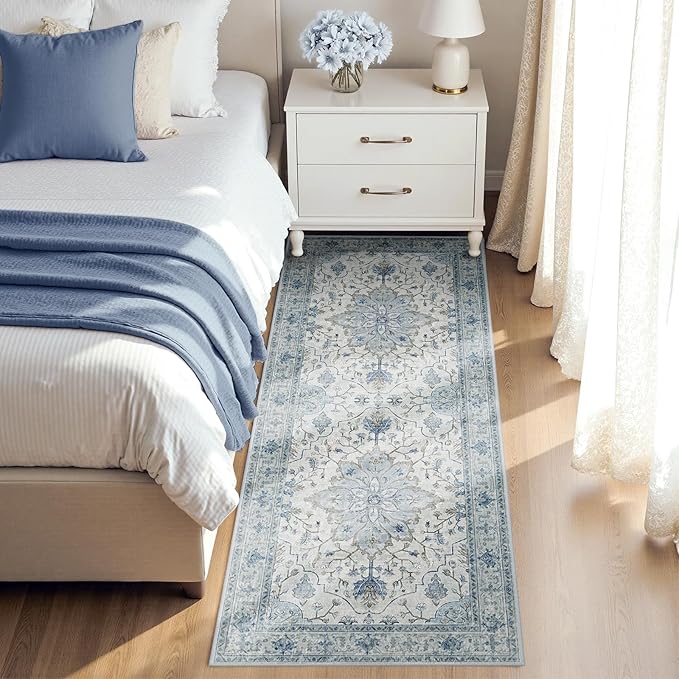 RELEANY Washable Area Rug, Runner 2'x6', Blue/White/Gray | Non-Slip, Water Repellent, Pet Friendly, Easy to Clean, Vintage Floral Boho Decor for Kitchen Entry Bedroom Bedside Laundry