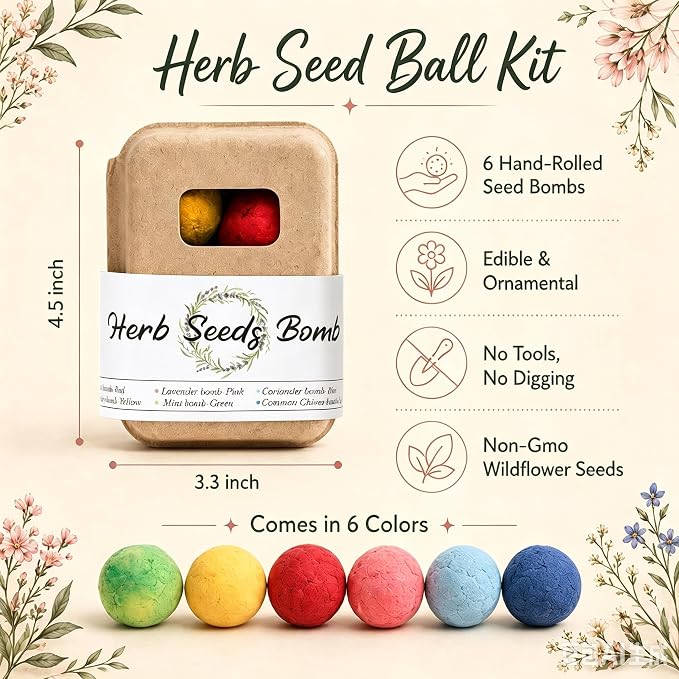 Herb Wildflower Seed Ball - 6 Seed Bombs in Gift Box, 6 Herb Seeds (Basil, Parsley, Cilantro, Chives, Lav, Mint), Beginner-Friendly No Dig Gardening, Easter Gardening Gift Set for Women Mom Her