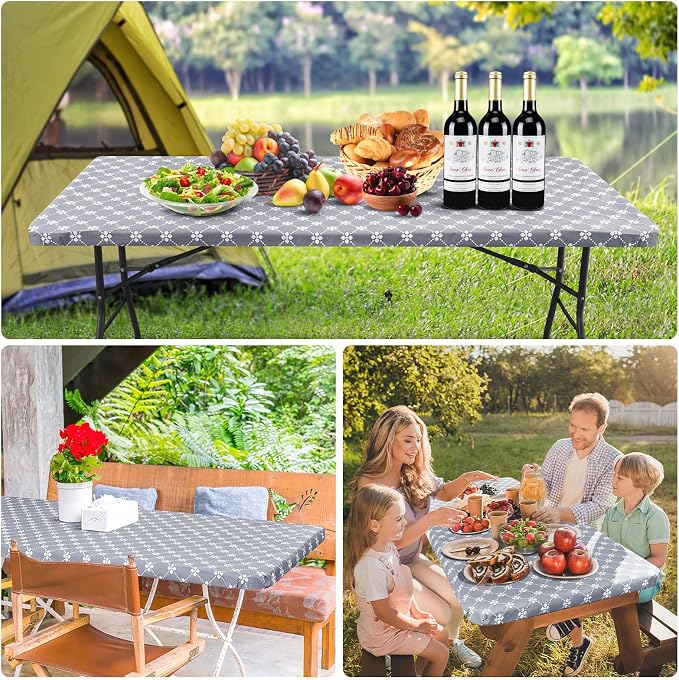 misaya Rectangle Vinyl Table Cloth, Elastic Fitted Tablecloth with Flannel Backing, Waterproof Plastic Table Cover Fits 6 Foot Folding Tables for Picnic, Camping, Indoor and Outdoor (Grey, 30" x 72")