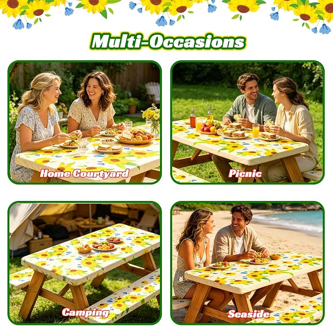NUOLAN 6FT Picnic Table Cover with Bench Covers, Sunflower Print Windproof Waterproof Fitted Picnic Table with Elastic for Picnic, Camping, Outdoor