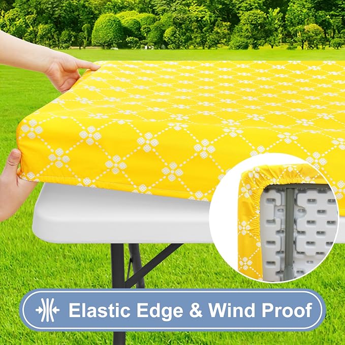 misaya Rectangle Vinyl Table Cloth, Elastic Fitted Tablecloth with Flannel Backing, Waterproof Plastic Table Cover Fits 4 Foot Folding Tables for Picnic, Camping and Outdoor (Yellow, 30" x 48")