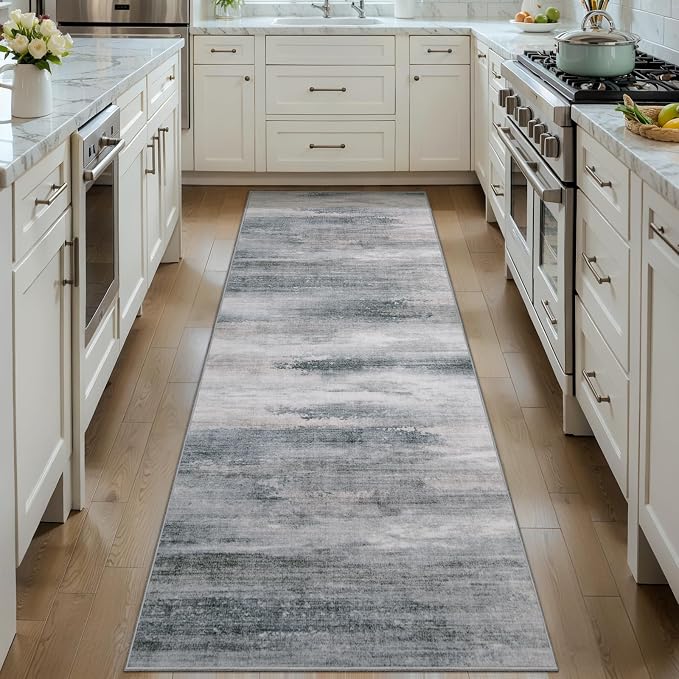 Tangsoo Modern 2x5 Washable Runner Rug, Abstract Runner Rug Non Slip | Grey Indoor Soft Low Pile Hallway Runner Rug, Contemporary Print Runners for Entryway Kitchen Bedroom Bathroom Home Decor