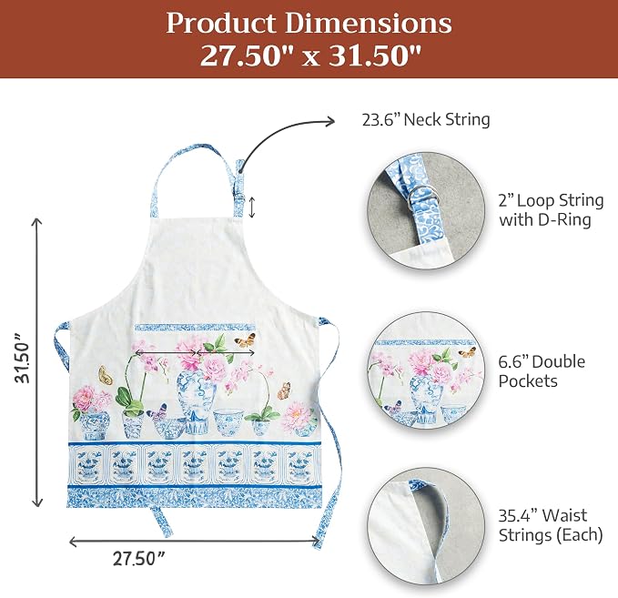 Maison d' Hermine Aprons for women with Pocket 100% Cotton (27.50"x31.50") | Adjustable Neck Strap & long ties Apron Men Chef Wedding Cooking Gardening Server Maid