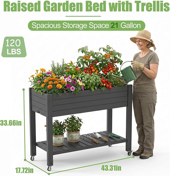 EFU Raised Garden Beds Outdoor, with Wheels for Mobility, Extra Storage Shelf, Water Level Monitoring, 21 Gallon Planter Raised Beds for Vegetables, Herbs, Fruits, Backyard, Patio, Balcony (Black)