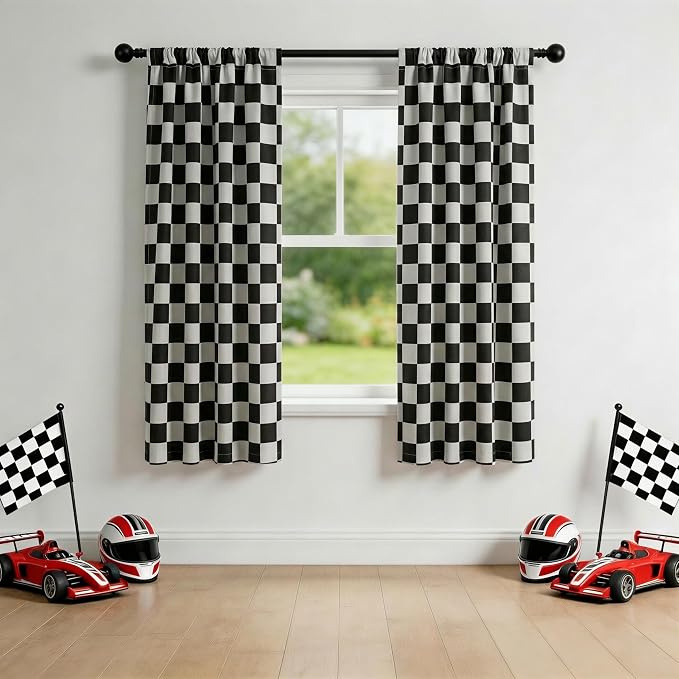 Rod Pocket & Back Tab Checkered Curtains, 100% Blackout, Race car Flag Checkerboard Curtains, Thermal Insulated, Noise Reducing, 3-inch Checkered, 2 Panels, Each W21×L63
