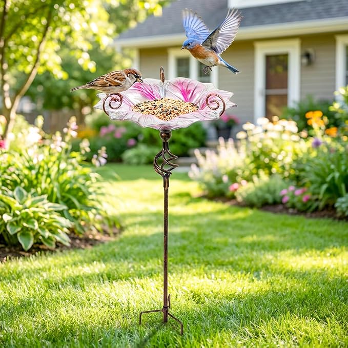 VCUTEKA Glass Bird Bath Outdoor BirdBath Bird Feeder with Metal Stake Garden Decor, Pink