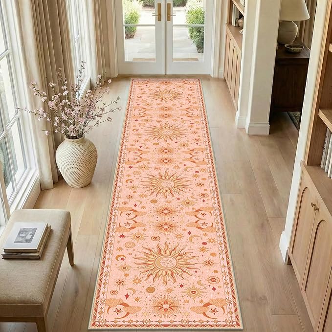 Vacuum-Friendly, 2x10 Washable Area Rug, Pink Gold Beige Red | Sun and Moon Boho Gothic Non-Slip Low Pile Living Roon Bedroom Dining Room Kitchen Entry Entryway Entrance Hallway Doormat