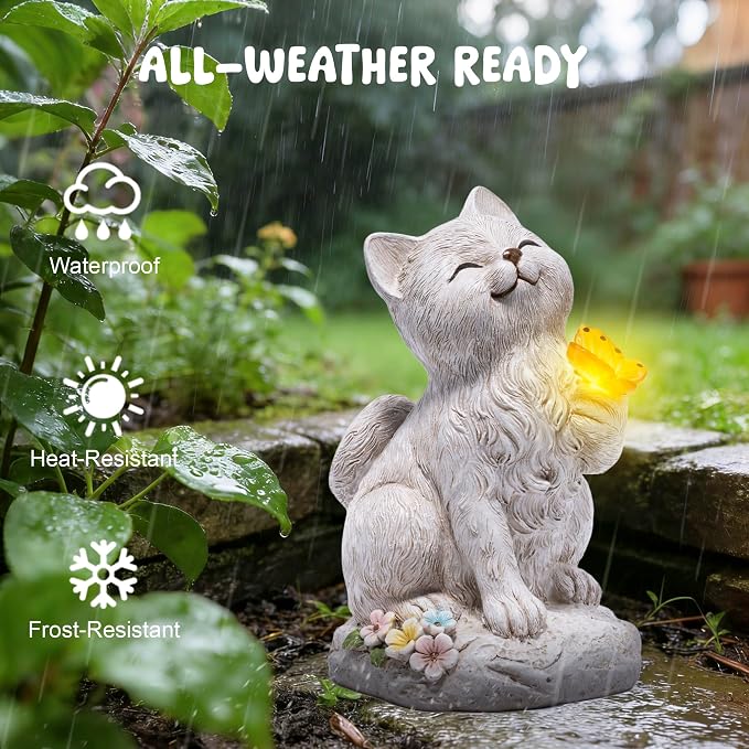 basen Solar Cat Statue with Glowing Butterfly, Outdoor Garden Cat Figurine Decor for Yard Lawn Patio, Resin Solar Animal Sculpture with LED Light for Garden Landscape Decoration