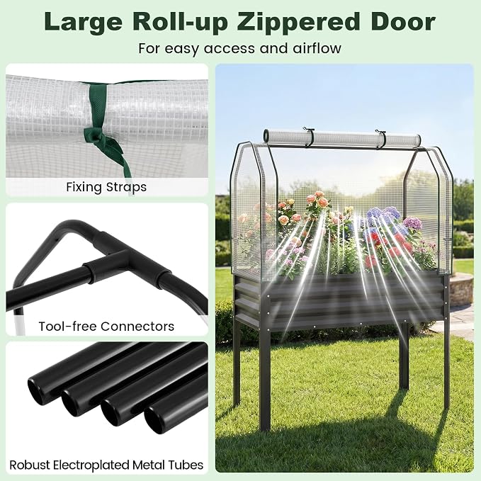 Giantex Raised Garden Bed with Legs & Greenhouse Cover, 44x22x60 Elevated Metal Planter Box with Roll-up Door, Outdoor Mini Greenhouse for Vegetable Flower Herb Patio Balcony (Black,1)