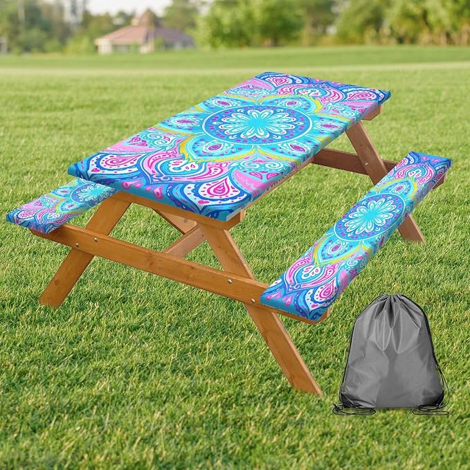 Picnic Table Covers with Bench Covers Boho Pattern Camping Tablecloth Fitted Picnic Table Cover with Elastic Windproof Waterproof Fabric, Outdoor Camping Accessories Gifts for Men Women, 72In 3PCS