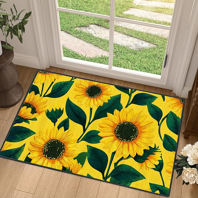 Sunflower 2x3 Entryway Rug,Spring Summer Cheerful Door Mat for Kitchen,Sunroom,Front Door -Washable Non-Slip Rubber Backing Indoor Outdoor- Bright Floral Farmhouse Decor