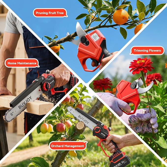 4-In-1 Electric Pruning Shears & Pole Saw Combo, 8 Inch Mini Chainsaw Cordless with 2×4.0 Ah Batteries, Extendable Tree Trimmer, 4 Modes Adjustable Branch Cutter for Garden Trimming (Red)