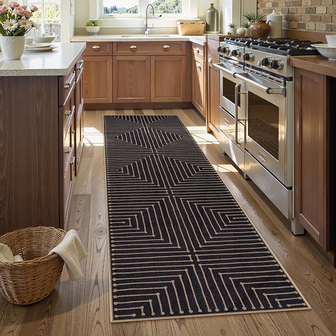 Lahome Black 2x8 Kitchen Runner, Modern Geometric Runner Rug Non Slip | Farmhouse Rhombus Low Pile Non Shedding Indoor Outdoor Carpet Runner for Hallway Entryway