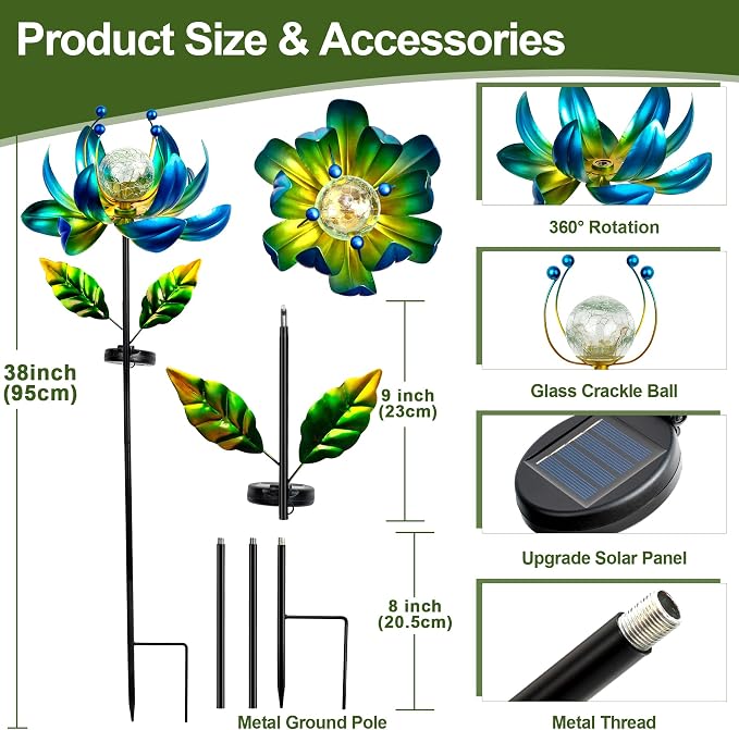 38-Inch Solar Wind Spinner Outdoor, Metal Kinetic Lotus Yard Art with Glass | Glowing Crackle Glass Light And Rotating Lotus Petals Create Eye-Catching Yard Art For Patios, Lawns And Garden Pathways
