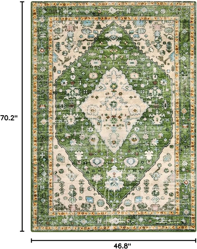 Lahome Felice Boho Tribal Area Rug - 4x6 Green Machine Washable Bedroom Rugs for Living Room, Disstressed Soft Non Slip Indoor Nursery Floor Mat Carpet for Kitchen Table Home Office Camper RV Bar