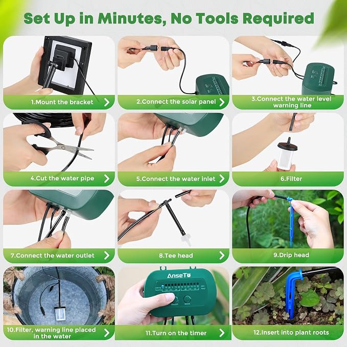 Solar Drip Irrigation System, Automatic Watering Kit with Split Design & Anti-Siphon Valve, 12 Modes Garden Irrigation System with 49ft Hose for 15 Potted Plants, Patio, Balcony & Greenhouse