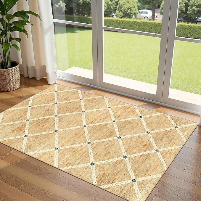 Cottage Trellis 3x5 Entryway Rug Indoor Outdoor Mats for Front Door | Washable Non-Slip Porch Rug Farmhouse Woven-Look Throw Rugs for Entryway Bedroom Office Kitchen Mat for Floor Porch Decor