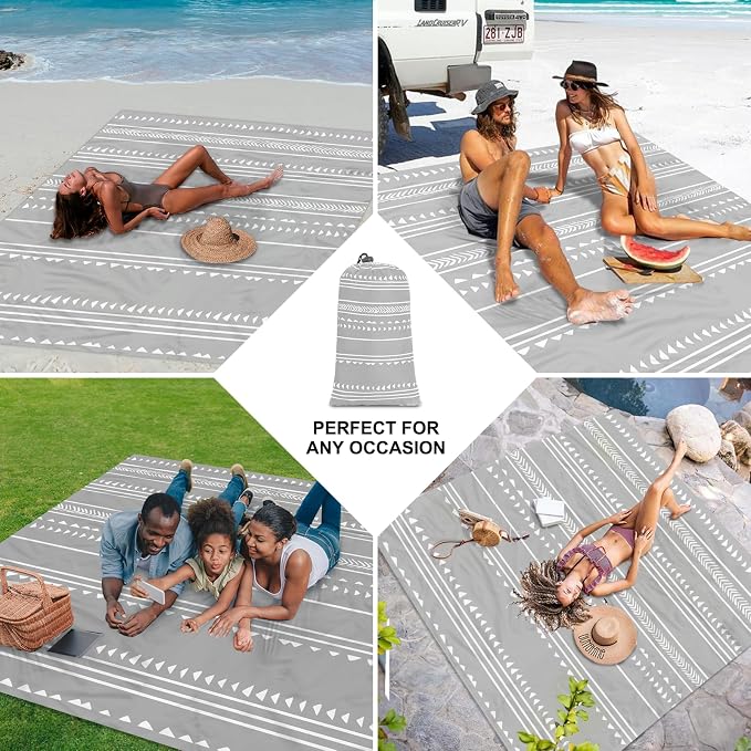 Extra Large 110''×118'' Beach Blanket for 8 Adults, Outdoor Beach Mat Sand Free Waterproof with 4 Stakes & 4 Corner Pockets, Polyester Lightweight Foldable Grey Picnic Mat for Travel, Camping, Hiking
